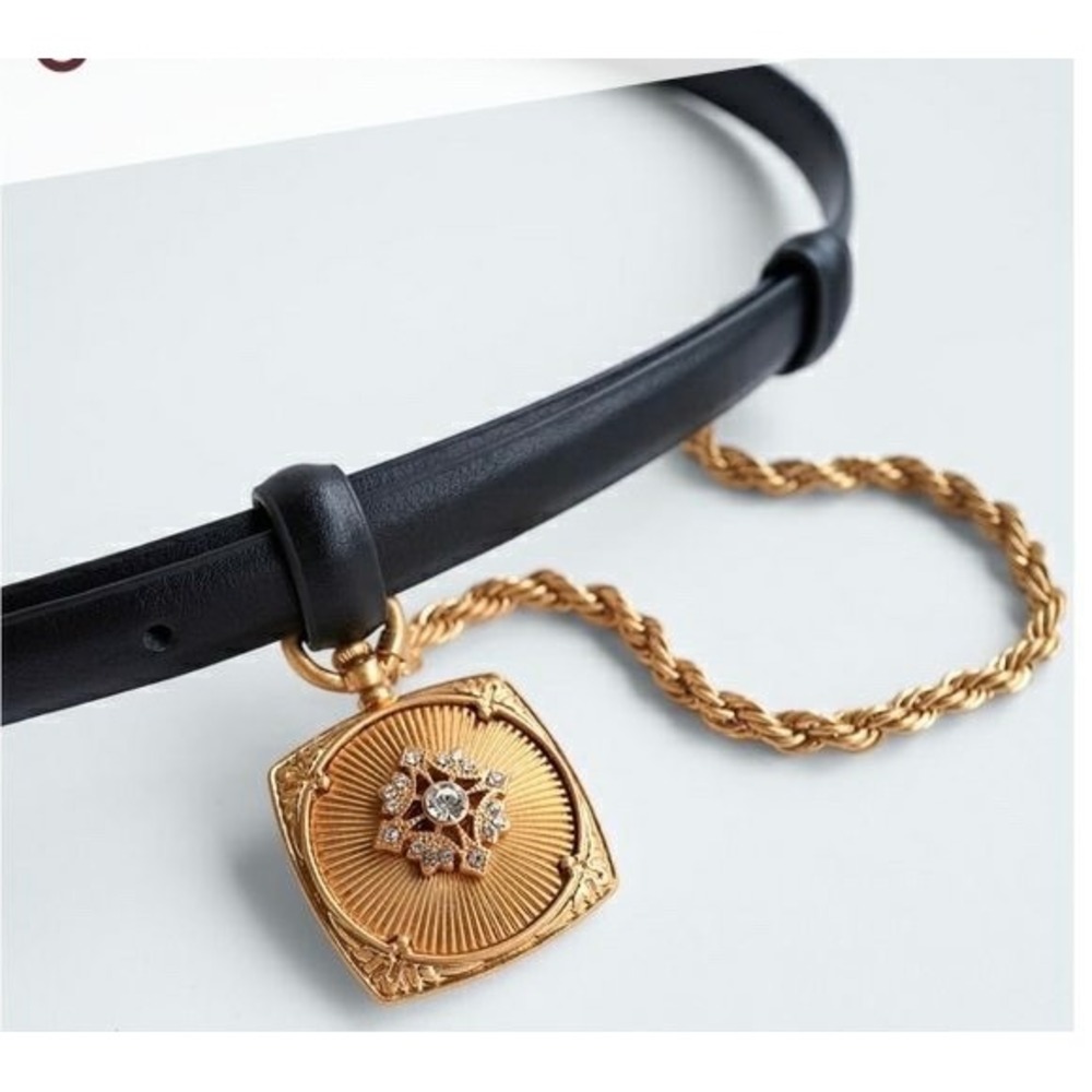 Zara Black Skinny Belt Gold Rope Chain Square Locket Pendant Rhinestone 85 NWT